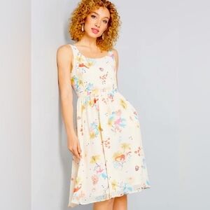 ModCloth Floral Cream Dinosaur Print Sleeveless‎ Dress